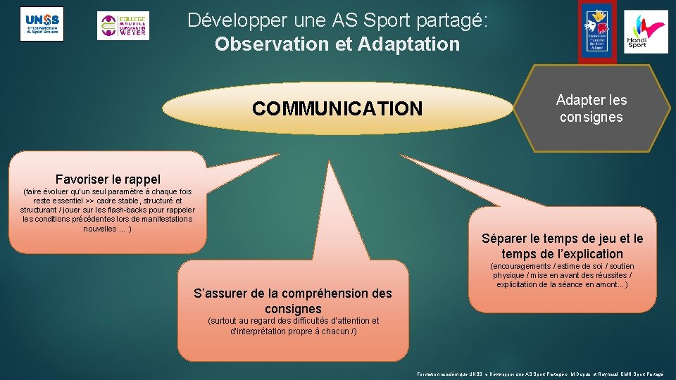 Développer une AS Sport partagé: Observation et Adaptation COMMUNICATION Adapter les consignes Favoriser le