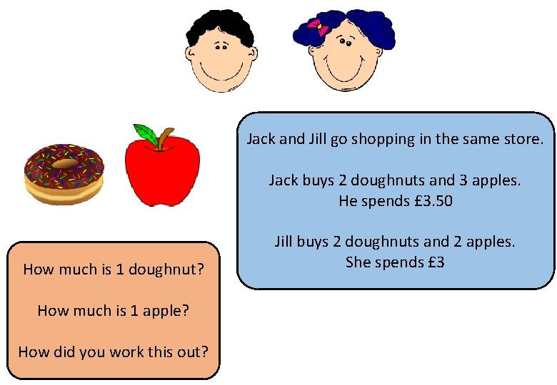 Jack and Jill go shopping in the same store. Jack buys 2 doughnuts and Jack and Jill go shopping in the same store. Jack buys 2 doughnuts and