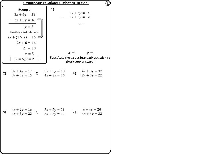 Simultaneous Equations: Elimination Method ① 1) Example Substitute the values into each equation to Simultaneous Equations: Elimination Method ① 1) Example Substitute the values into each equation to