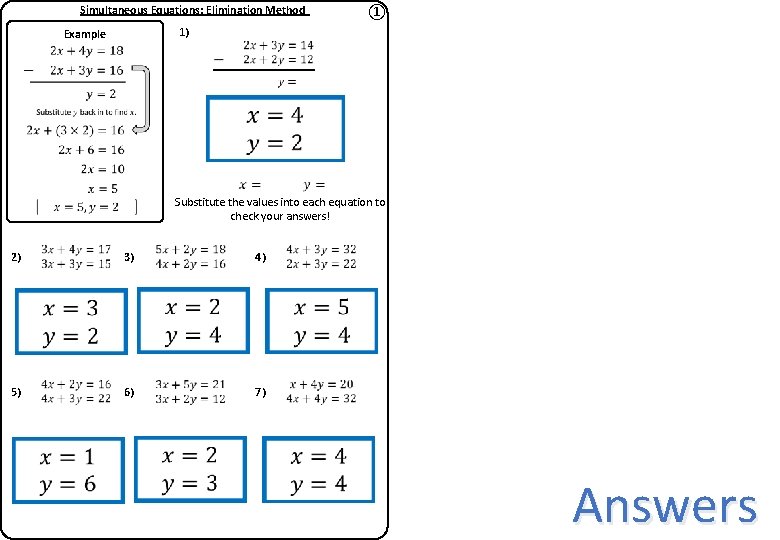 Simultaneous Equations: Elimination Method ① 1) Example Substitute the values into each equation to Simultaneous Equations: Elimination Method ① 1) Example Substitute the values into each equation to