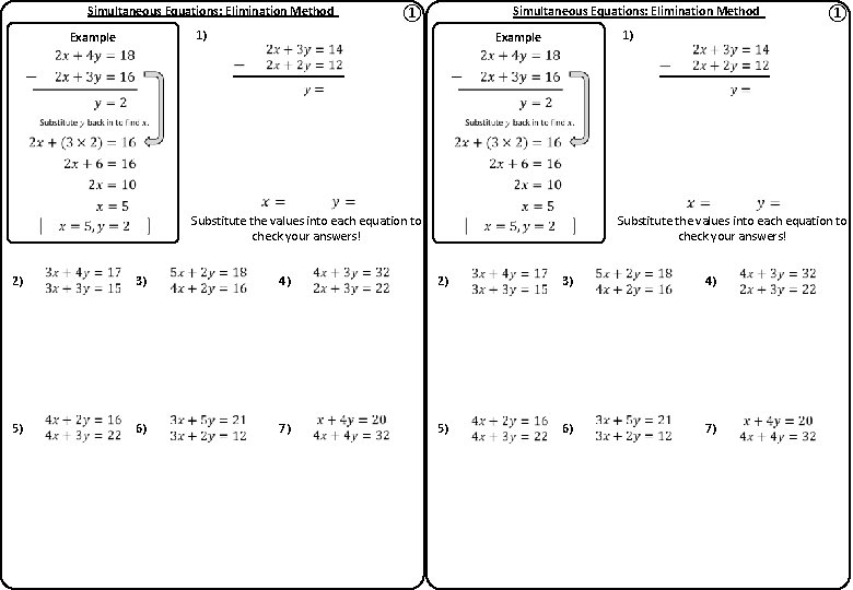 Simultaneous Equations: Elimination Method ① 1) Example ① Substitute the values into each equation Simultaneous Equations: Elimination Method ① 1) Example ① Substitute the values into each equation