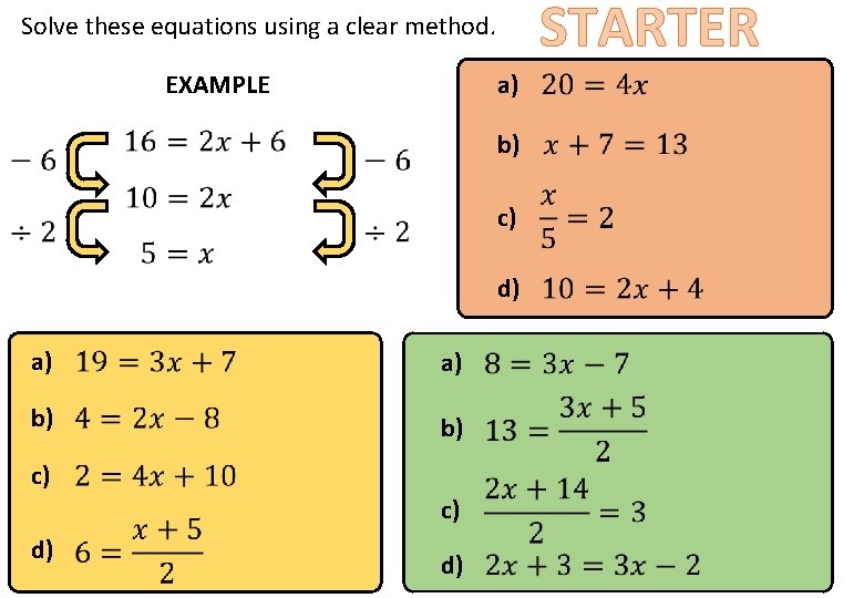 STARTER Solve these equations using a clear method. EXAMPLE a) b) c) d) STARTER Solve these equations using a clear method. EXAMPLE a) b) c) d)
