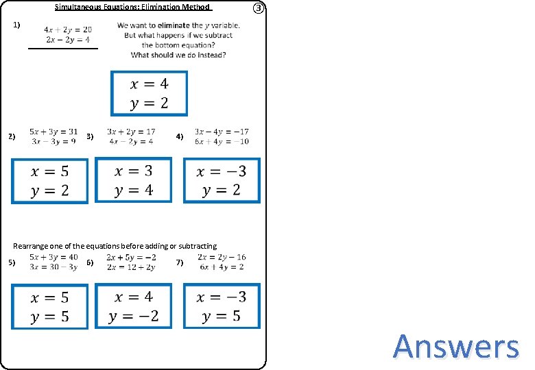 Simultaneous Equations: Elimination Method 1) ③ 2) 3) 4) Rearrange one of the equations Simultaneous Equations: Elimination Method 1) ③ 2) 3) 4) Rearrange one of the equations