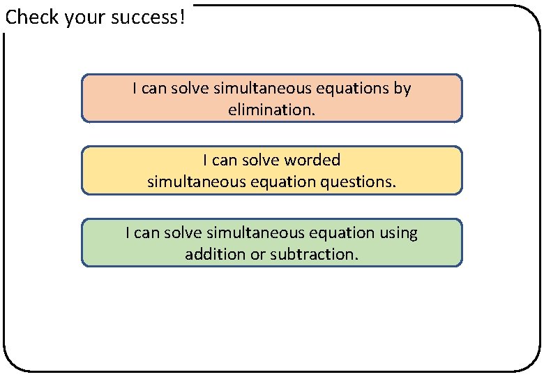 Check your success! I can solve simultaneous equations by elimination. I can solve worded Check your success! I can solve simultaneous equations by elimination. I can solve worded