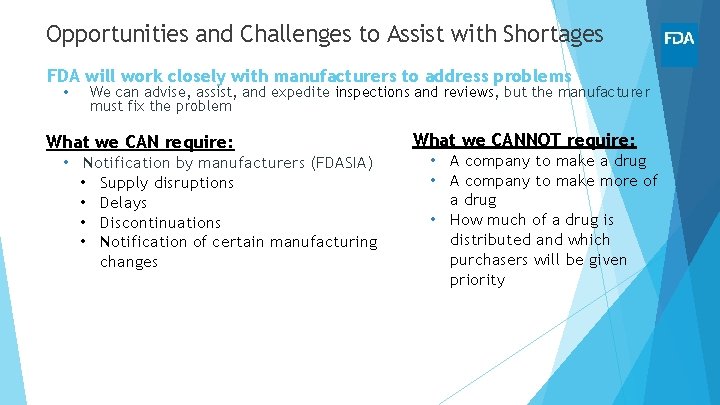Opportunities and Challenges to Assist with Shortages FDA will work closely with manufacturers to