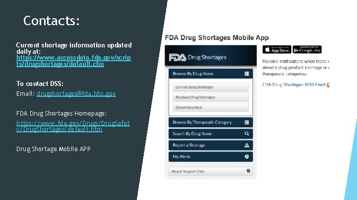 Contacts: Current shortage information updated daily at: https: //www. accessdata. fda. gov/scrip ts/drugshortages/default. cfm