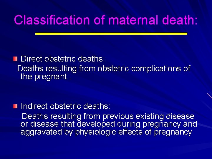 Classification of maternal death: Direct obstetric deaths: Deaths resulting from obstetric complications of the