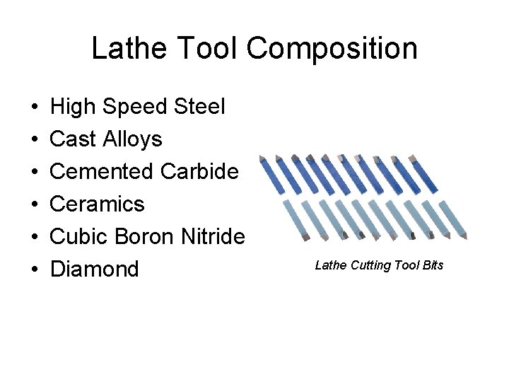 Lathe Tool Composition • • • High Speed Steel Cast Alloys Cemented Carbide Ceramics Lathe Tool Composition • • • High Speed Steel Cast Alloys Cemented Carbide Ceramics