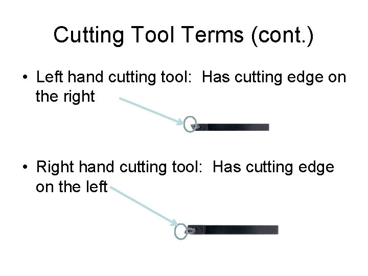 Cutting Tool Terms (cont. ) • Left hand cutting tool: Has cutting edge on Cutting Tool Terms (cont. ) • Left hand cutting tool: Has cutting edge on