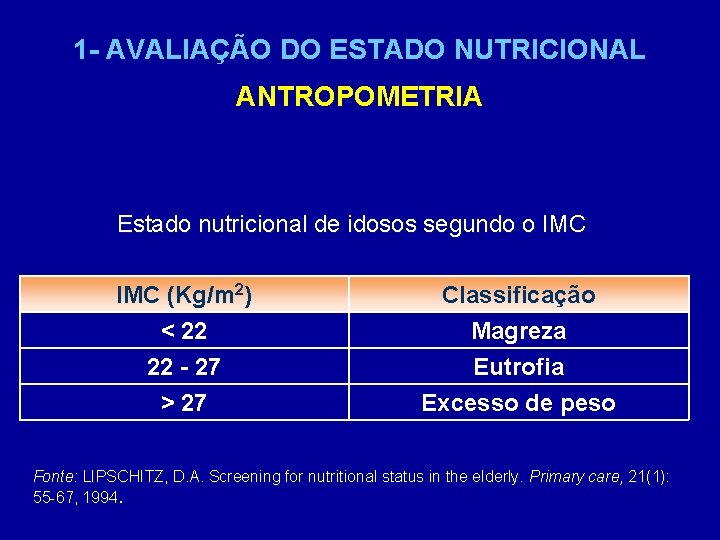 1 - AVALIAÇÃO DO ESTADO NUTRICIONAL ANTROPOMETRIA Estado nutricional de idosos segundo o IMC