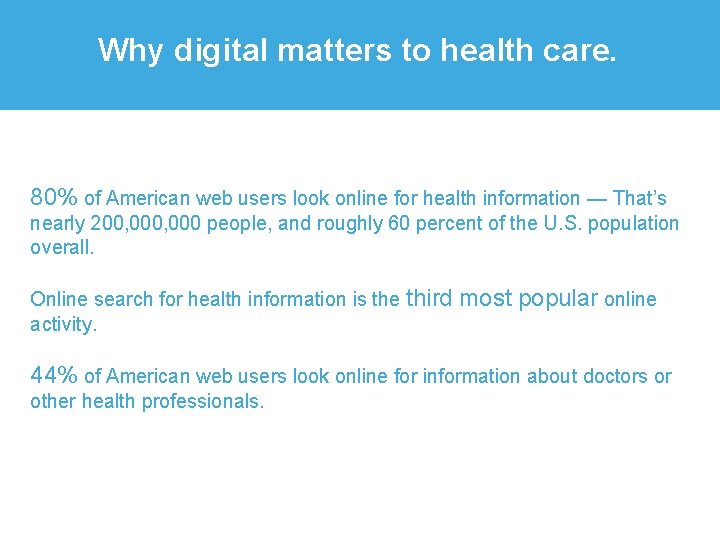 Why digital matters to health care. 80% of American web users look online for