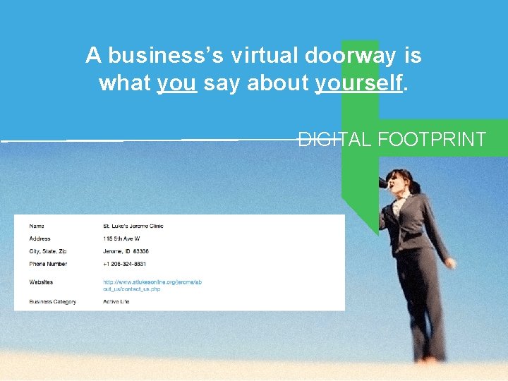 A business’s virtual doorway is what you say about yourself. DIGITAL FOOTPRINT 