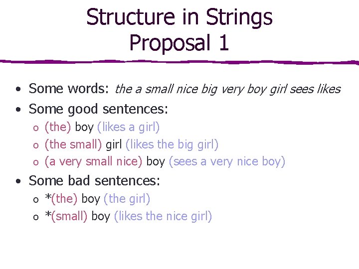 Structure in Strings Proposal 1 • Some words: the a small nice big very Structure in Strings Proposal 1 • Some words: the a small nice big very