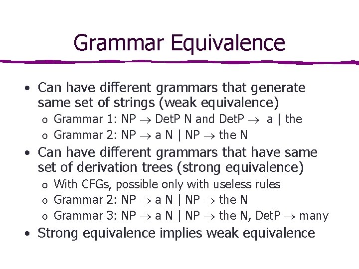 Grammar Equivalence • Can have different grammars that generate same set of strings (weak Grammar Equivalence • Can have different grammars that generate same set of strings (weak