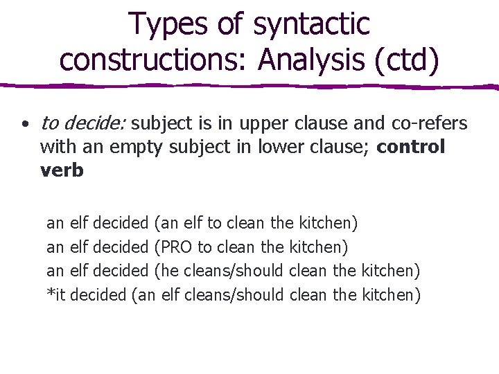 Types of syntactic constructions: Analysis (ctd) • to decide: subject is in upper clause Types of syntactic constructions: Analysis (ctd) • to decide: subject is in upper clause
