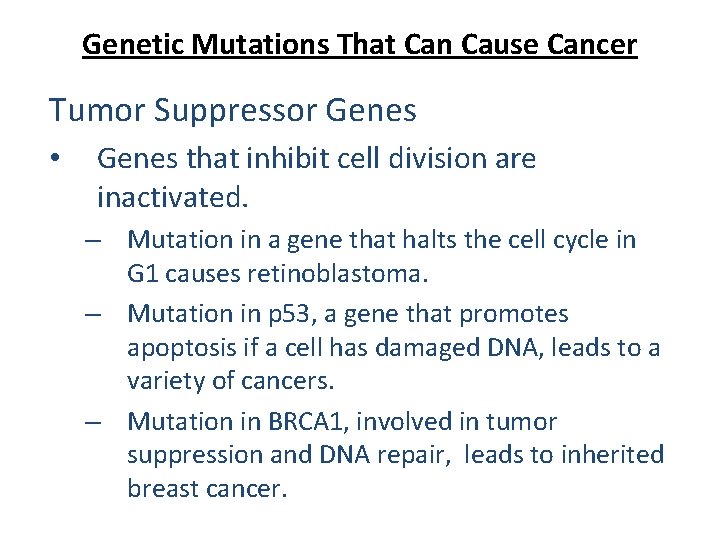 Genetic Mutations That Can Cause Cancer Tumor Suppressor Genes • Genes that inhibit cell