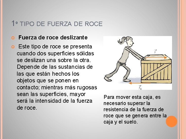 1º TIPO DE FUERZA DE ROCE Fuerza de roce deslizante Este tipo de roce