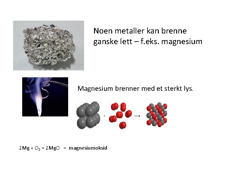 Noen metaller kan brenne ganske lett – f. eks. magnesium Magnesium brenner med et