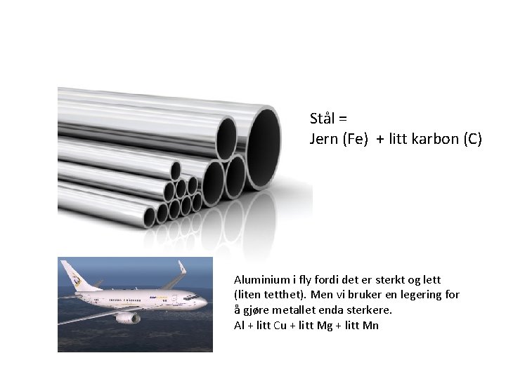 Stål = Jern (Fe) + litt karbon (C) Aluminium i fly fordi det er