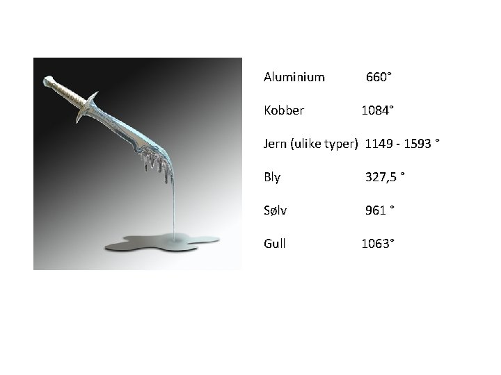 Aluminium 660° Kobber 1084° Jern (ulike typer) 1149 - 1593 ° Bly 327, 5
