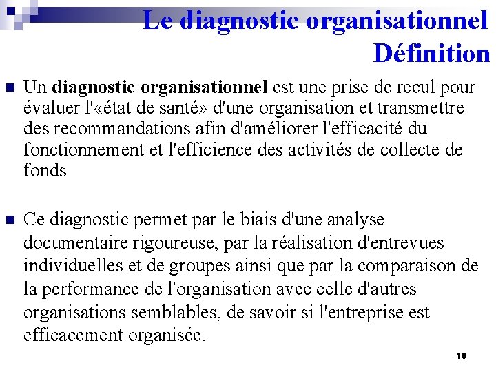 Le diagnostic organisationnel Définition n Un diagnostic organisationnel est une prise de recul pour