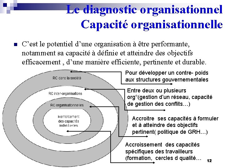 Le diagnostic organisationnel Capacité organisationnelle n C’est le potentiel d’une organisation à être performante,