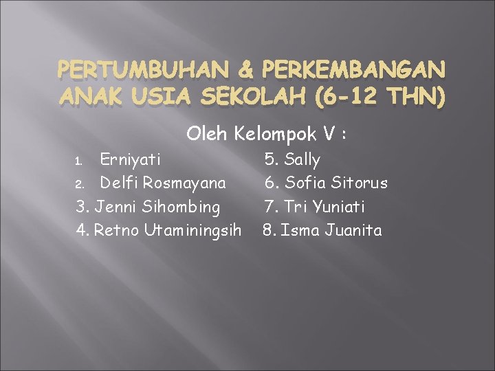 PERTUMBUHAN & PERKEMBANGAN ANAK USIA SEKOLAH (6 -12 THN) Oleh Kelompok V : Erniyati