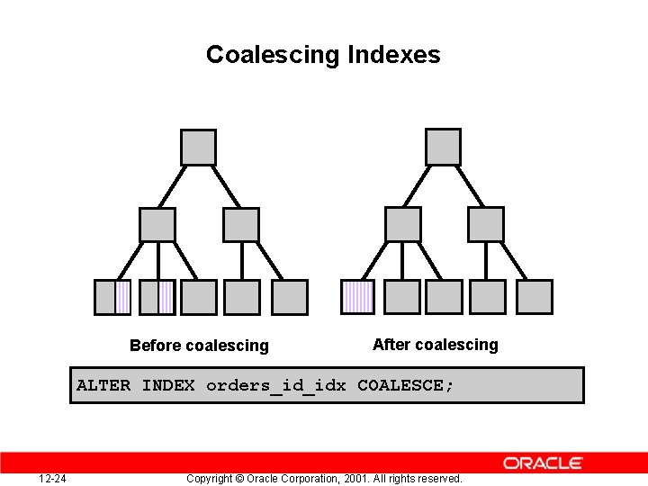 Coalescing Indexes Before coalescing After coalescing ALTER INDEX orders_id_idx COALESCE; 12 -24 Copyright ©