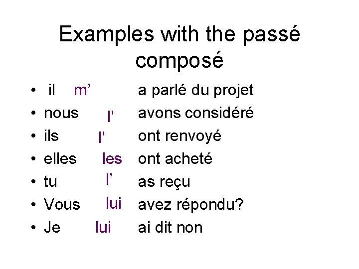 Examples with the passé composé • • il m’ nous l’ ils l’ les