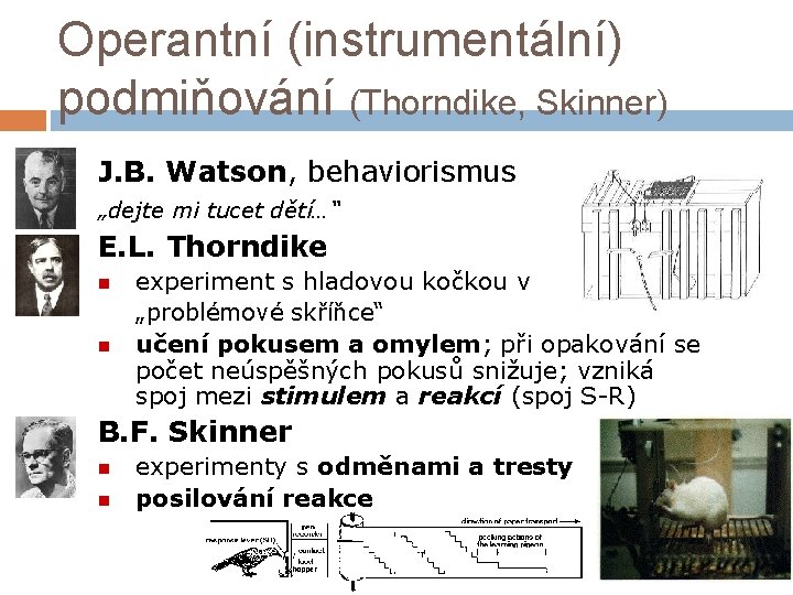 Operantní (instrumentální) podmiňování (Thorndike, Skinner) J. B. Watson, behaviorismus „dejte mi tucet dětí…“ E.