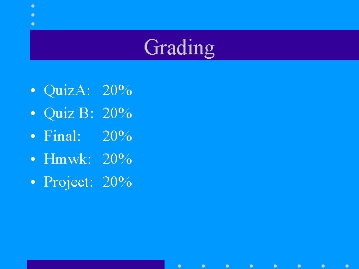 Grading • • • Quiz. A: Quiz B: Final: Hmwk: Project: 20% 20% 20%