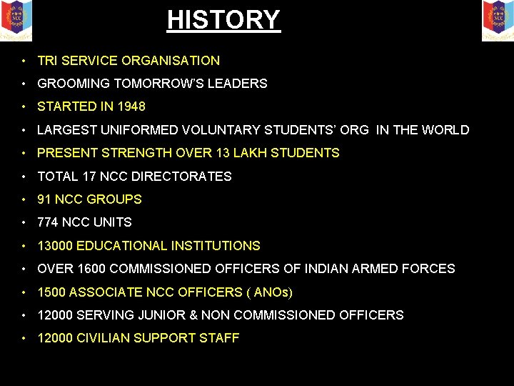 HISTORY • TRI SERVICE ORGANISATION • GROOMING TOMORROW’S LEADERS • STARTED IN 1948 •