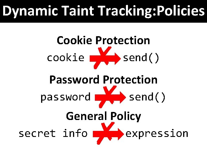 Dynamic Taint Tracking: Policies Cookie Protection cookie ✗ ✗ ✗ send() Password Protection password