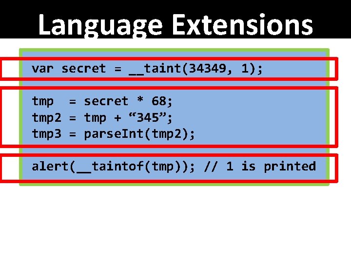 Language Extensions var secret = __taint(34349, 1); tmp = secret * 68; tmp 2