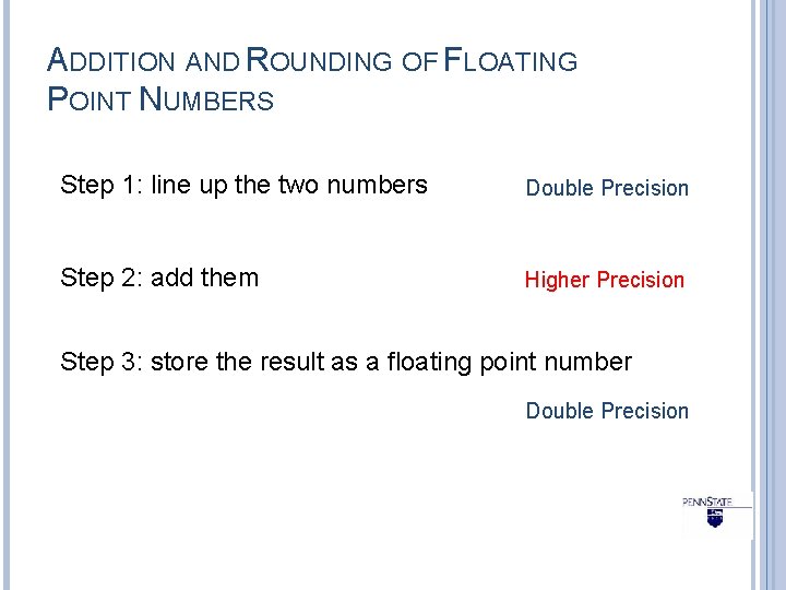 ADDITION AND ROUNDING OF FLOATING POINT NUMBERS Step 1: line up the two numbers