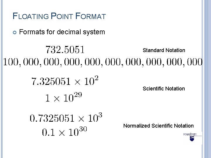 FLOATING POINT FORMAT Formats for decimal system Standard Notation Scientific Notation Normalized Scientific Notation