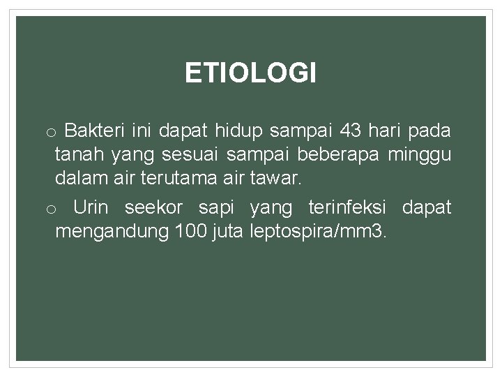 ETIOLOGI o Bakteri ini dapat hidup sampai 43 hari pada tanah yang sesuai sampai