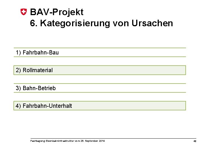 BAV-Projekt 6. Kategorisierung von Ursachen 1) Fahrbahn-Bau 2) Rollmaterial 3) Bahn-Betrieb 4) Fahrbahn-Unterhalt Fachtagung