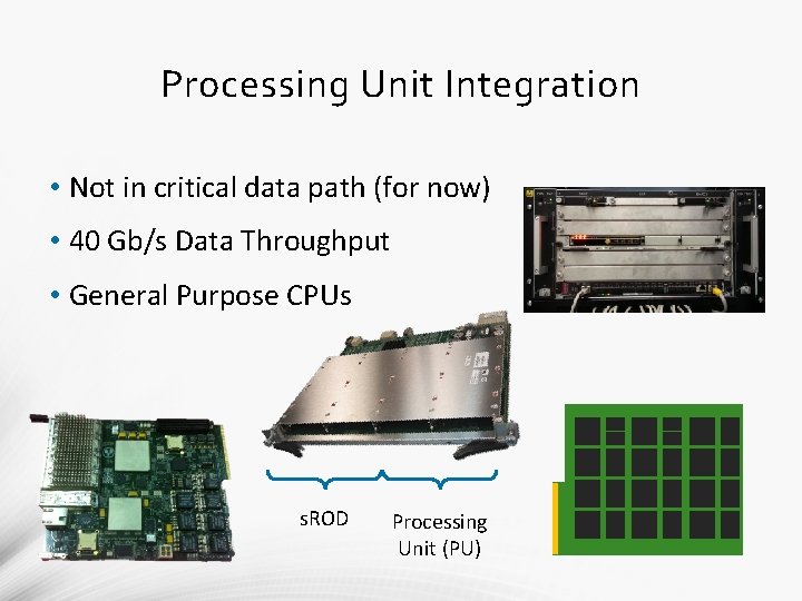 Processing Unit Integration • Not in critical data path (for now) • 40 Gb/s Processing Unit Integration • Not in critical data path (for now) • 40 Gb/s