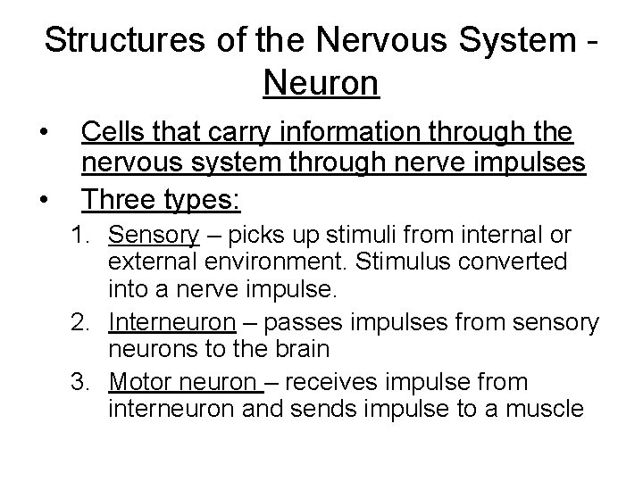 Structures of the Nervous System Neuron • • Cells that carry information through the