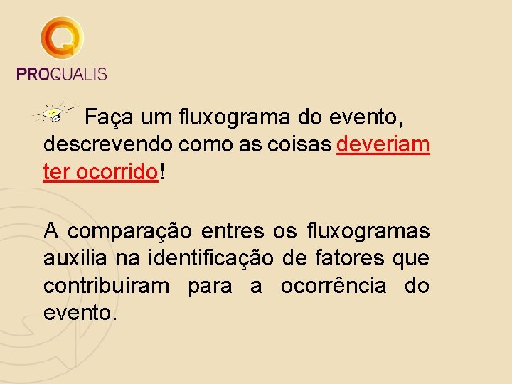 Faça um fluxograma do evento, descrevendo como as coisas deveriam ter ocorrido! A comparação