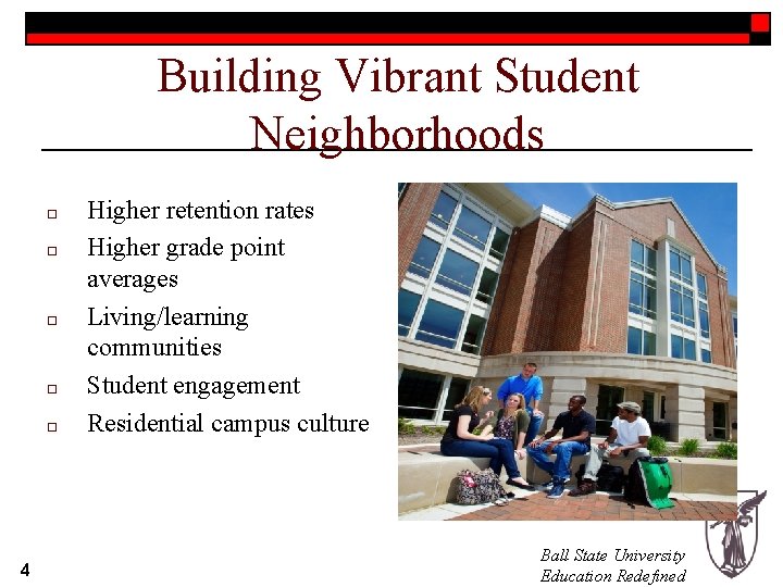 Building Vibrant Student Neighborhoods o o o 4 Higher retention rates Higher grade point Building Vibrant Student Neighborhoods o o o 4 Higher retention rates Higher grade point