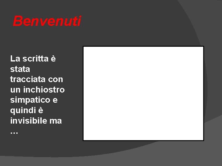 Benvenuti La scritta è stata tracciata con un inchiostro simpatico e quindi è invisibile Benvenuti La scritta è stata tracciata con un inchiostro simpatico e quindi è invisibile