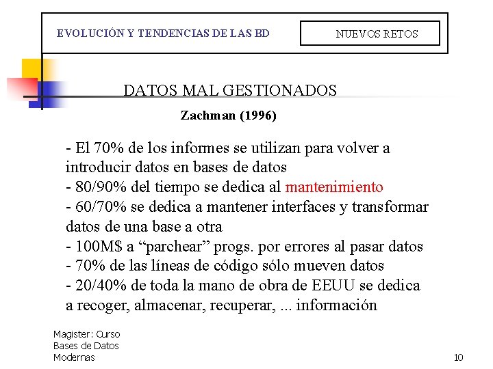  EVOLUCIÓN Y TENDENCIAS DE LAS BD NUEVOS RETOS DATOS MAL GESTIONADOS Zachman (1996)