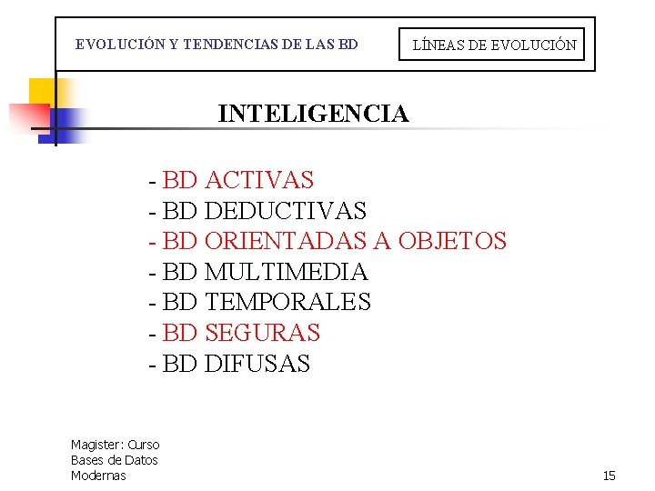  EVOLUCIÓN Y TENDENCIAS DE LAS BD LÍNEAS DE EVOLUCIÓN INTELIGENCIA - BD ACTIVAS