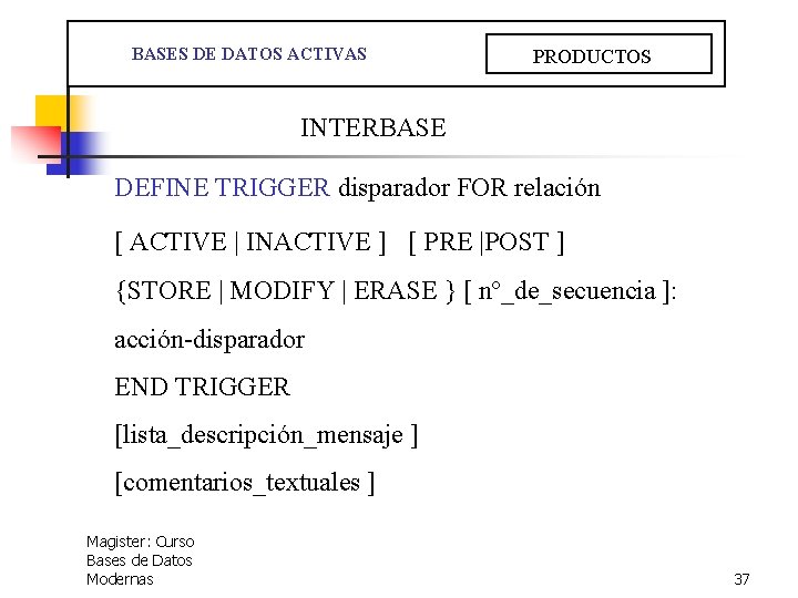  BASES DE DATOS ACTIVAS PRODUCTOS INTERBASE DEFINE TRIGGER disparador FOR relación [ ACTIVE