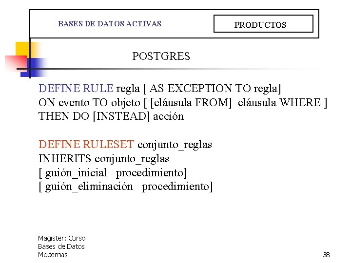  BASES DE DATOS ACTIVAS PRODUCTOS POSTGRES DEFINE RULE regla [ AS EXCEPTION TO