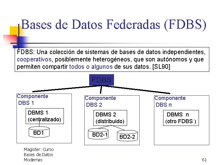 Bases de Datos Federadas (FDBS) FDBS: Una colección de sistemas de bases de datos